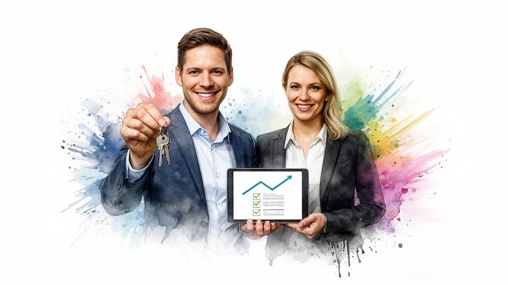 Smiling man holding keys and woman holding a tablet with a growth chart and checkmarks.