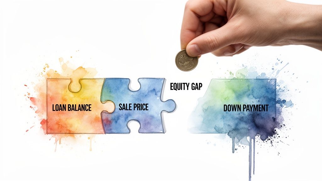 A hand places a coin into 'Down Payment' section, illustrating the 'Equity Gap' between 'Loan Balance' and 'Sale Price' puzzle pieces.