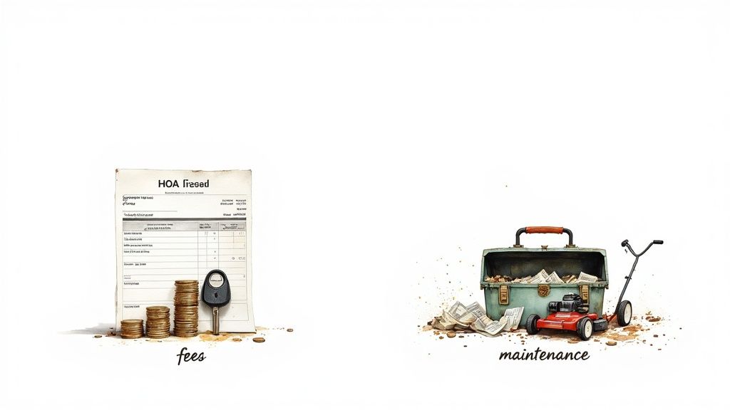 A visual comparison of homeowner association fees, coins, and a key versus house maintenance tools and costs.
