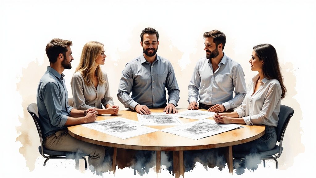 A diverse group of professionals and clients gathered around a table, reviewing documents for a real estate transaction.