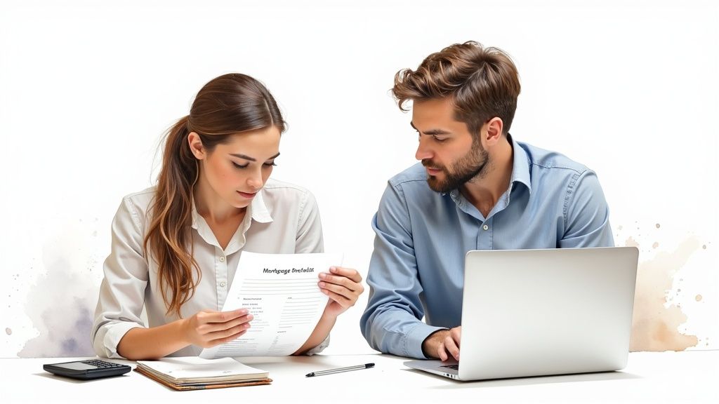 Modern living room with large windows overlooking a city skyline, symbolizing a homeowner's view after securing a good mortgage.