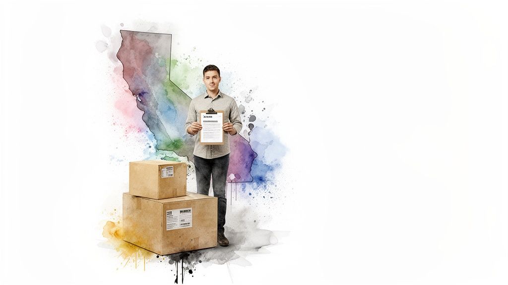 Man with clipboard and moving boxes in front of a colorful watercolor map of California.