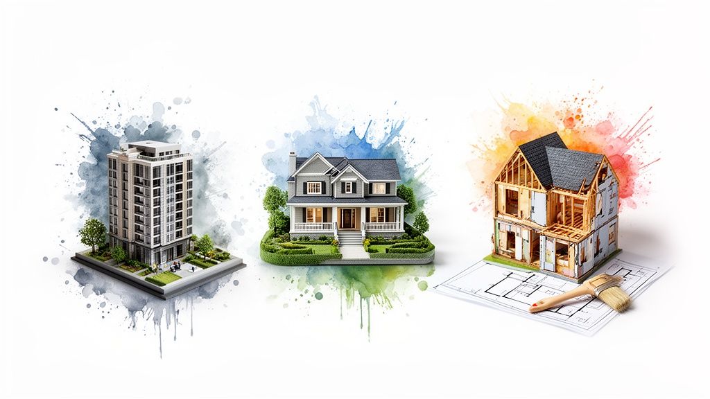 Three distinct housing models: apartment building, finished house, and house under construction, with watercolor splashes.