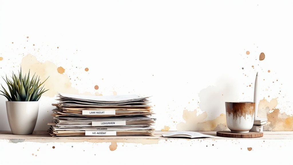 A person organizing documents and paperwork at a desk for a loan application.