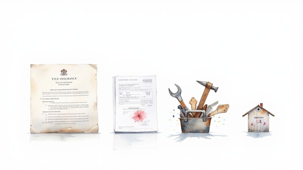 A line of watercolor illustrations showing a title insurance document, paperwork, a toolbox with tools, and a tiny house, representing real estate concepts.