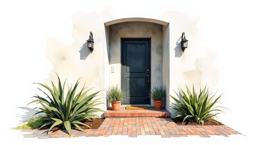 A welcoming home entrance featuring a dark blue door, brick pathway, and lush green plants.