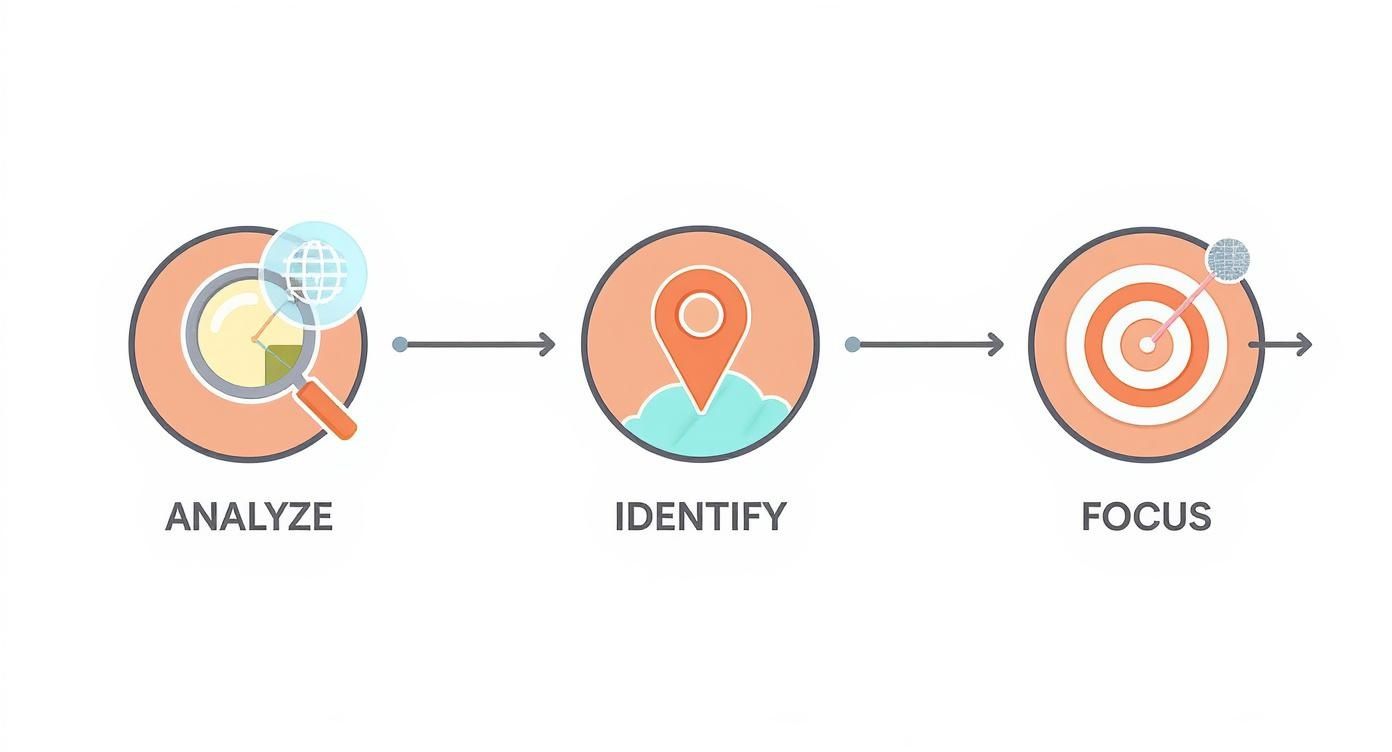 An infographic showing the process flow for finding hotspots, with icons for Analyze, Identify, and Focus.