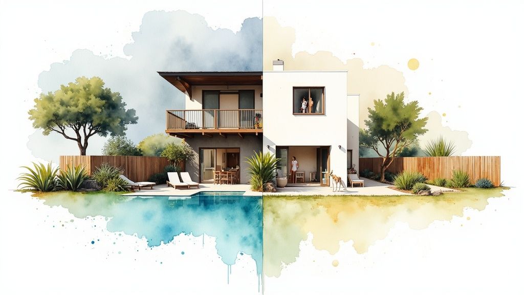 Watercolor illustration of a split-style house, contrasting modern and rustic, with a poolside view.