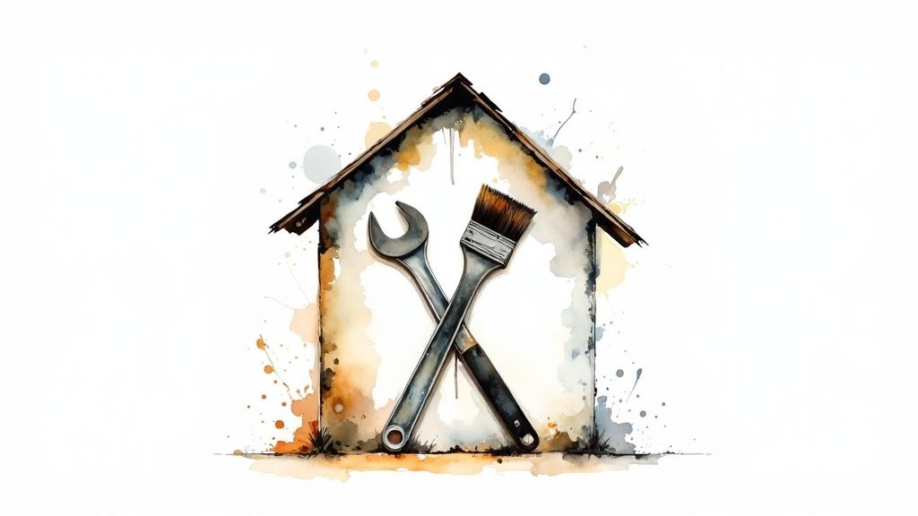 A home inspector examining the exterior of a house with a clipboard