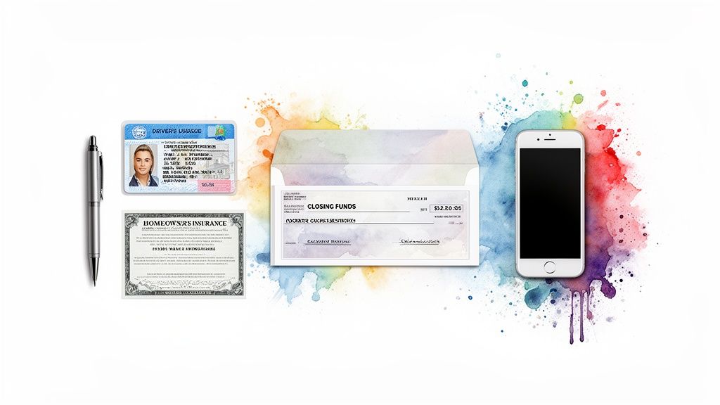 A driver's license, homeowner's insurance, closing funds check, pen, and smartphone on a white background with watercolor splatters.