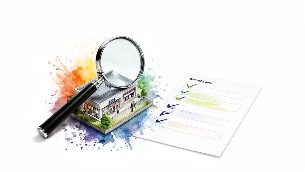 Magnifying glass inspecting a commercial building model next to a checklist with multiple checkmarks, symbolizing property evaluation.