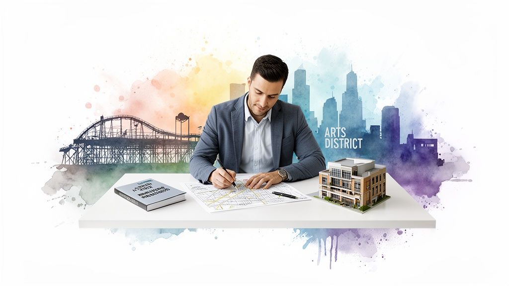 A man designs urban plans on a desk with a building model against a colorful cityscape.