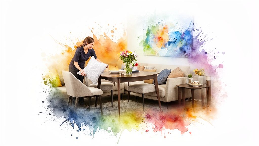 A woman tidies a cushion in a bright, colorful living and dining area, preparing the home.