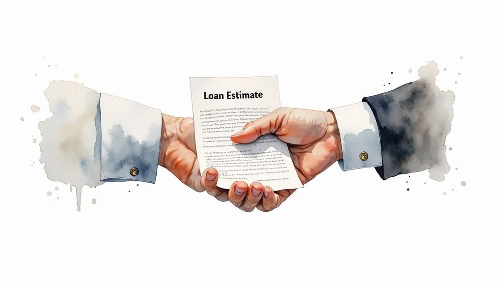 Watercolor illustration of two hands, one in a blue shirt, exchanging a document titled 'Loan Estimate'.