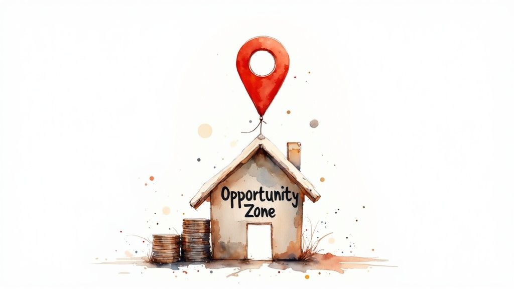 An illustration of a city skyline with coins and upward-trending arrows, symbolizing investment growth in an Opportunity Zone.