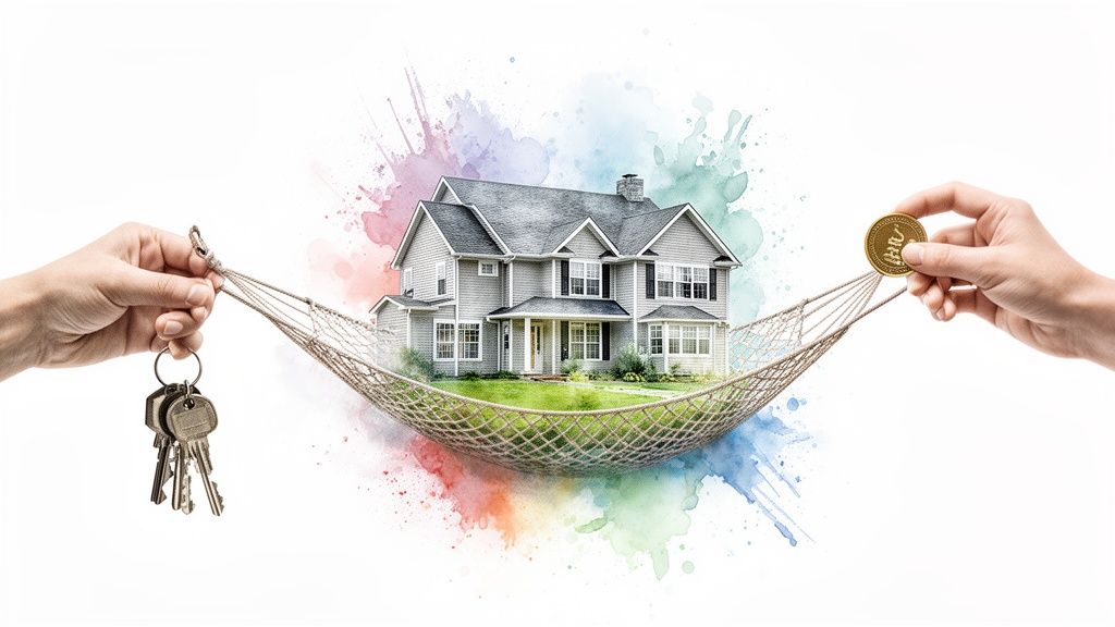 Hands hold a house in a net hammock, one with keys and the other with a coin.