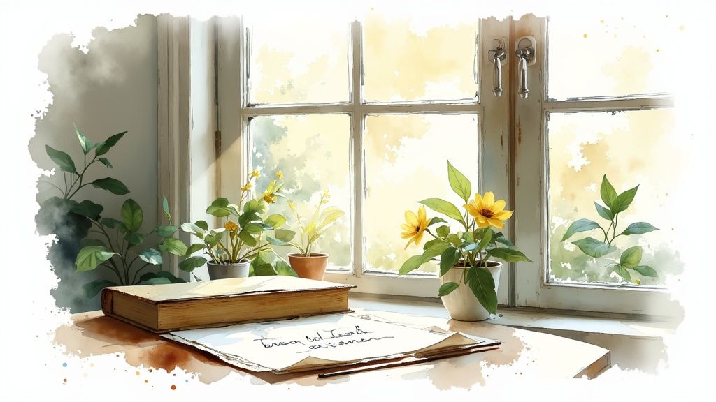 A person's hands carefully folding a personalized offer letter, with a beautiful home visible through a window in the background.