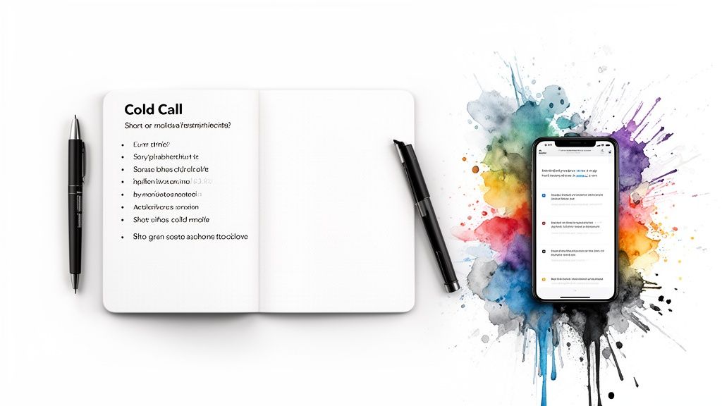 A flat lay shows a notebook with 'Cold Call' script, pens, and a smartphone on a watercolor splash.