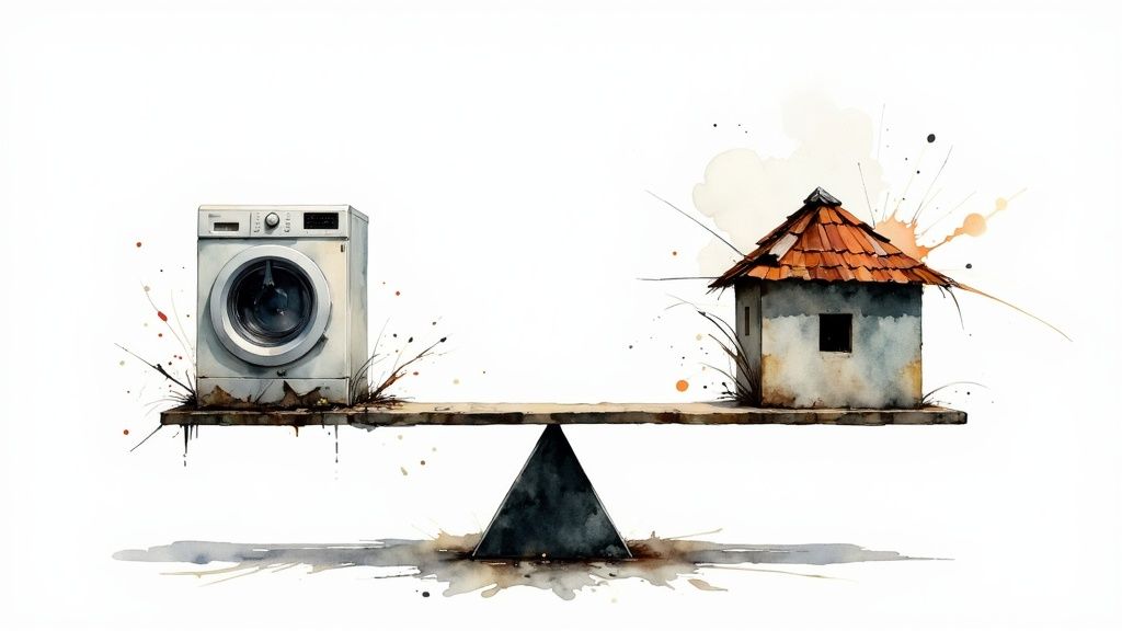 A couple sits at a kitchen table, looking at a tablet and discussing their home's needs.