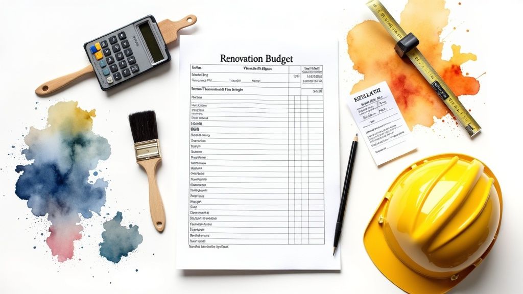 A person reviewing a detailed renovation budget on a tablet in a room under construction.