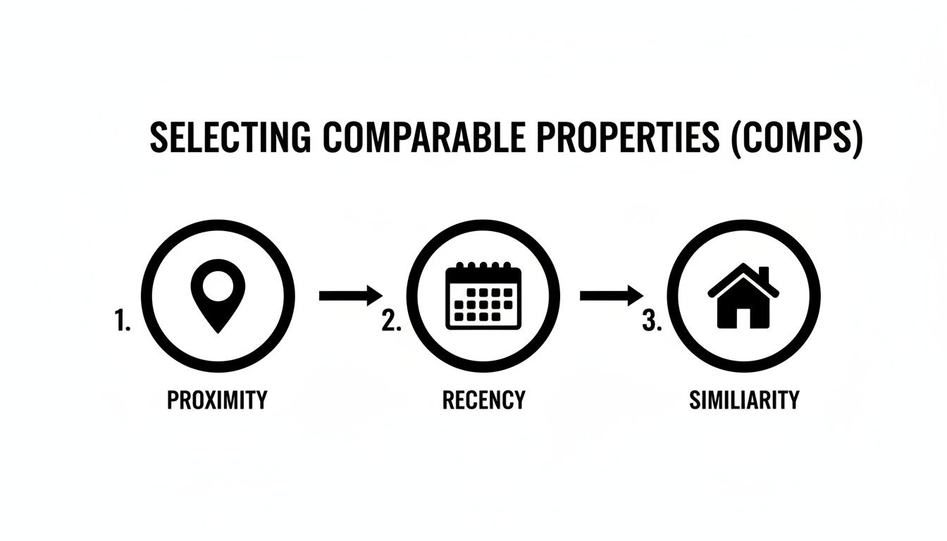 Flowchart illustrating three key criteria for selecting comparable properties: proximity, recency, and similarity, with icons.