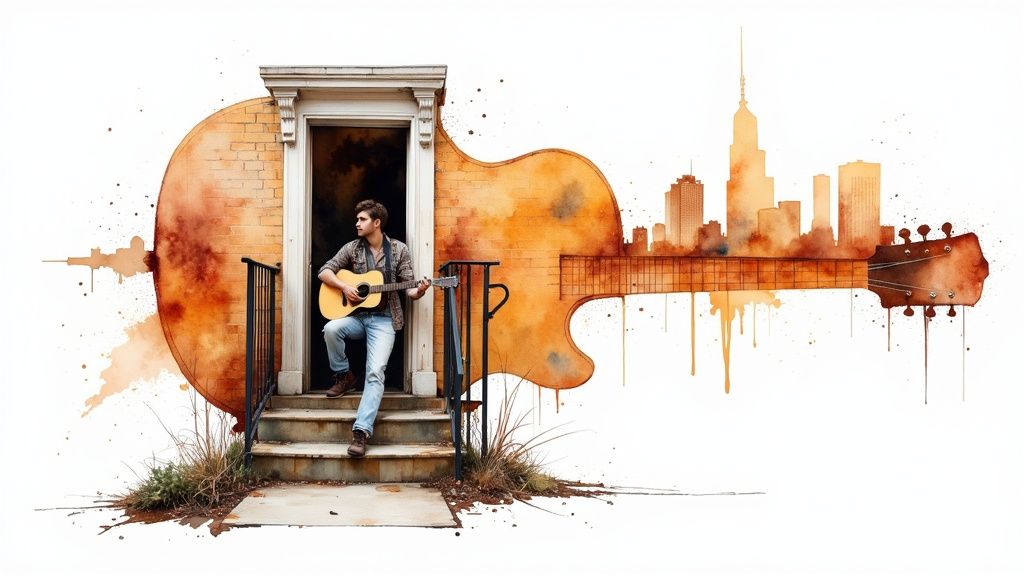 Watercolor illustration of a man playing guitar on steps, with a cityscape on a large acoustic guitar.