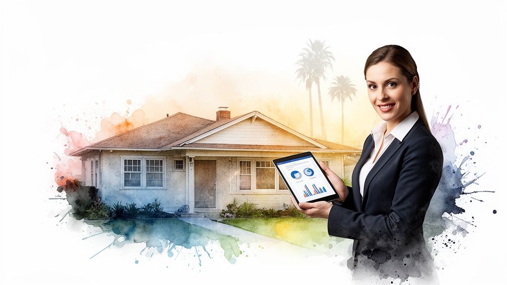 A smiling businesswoman holds a tablet displaying market data, in front of of a watercolor house.