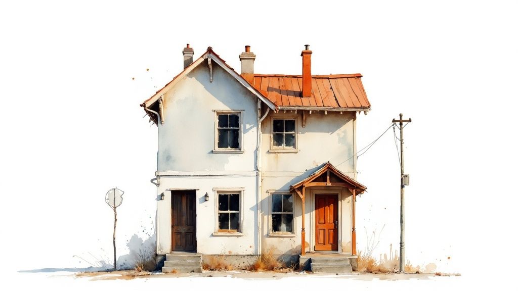 Watercolor illustration of a two-story weathered house with orange roof and wooden porch entrance
