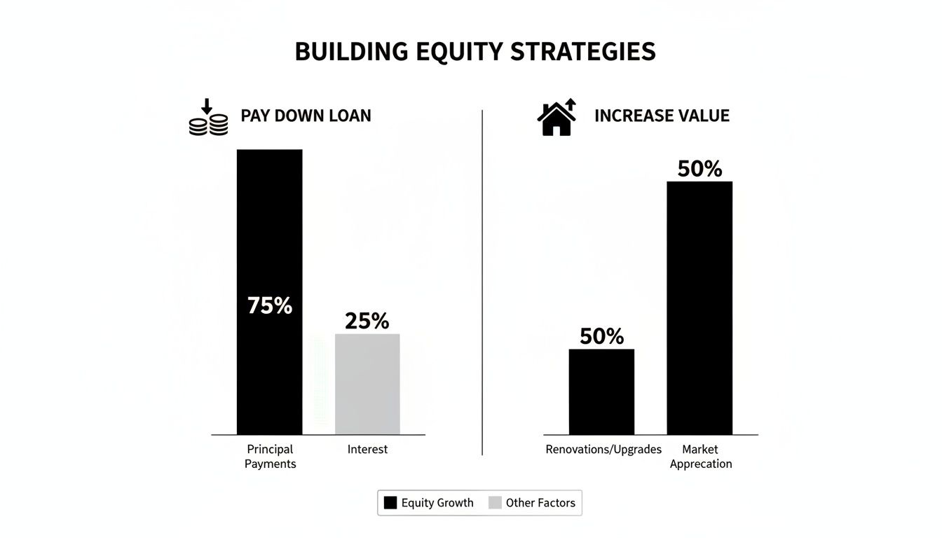 Bar charts illustrating home equity building strategies, showing contributions from loan payments, renovations, and market appreciation.