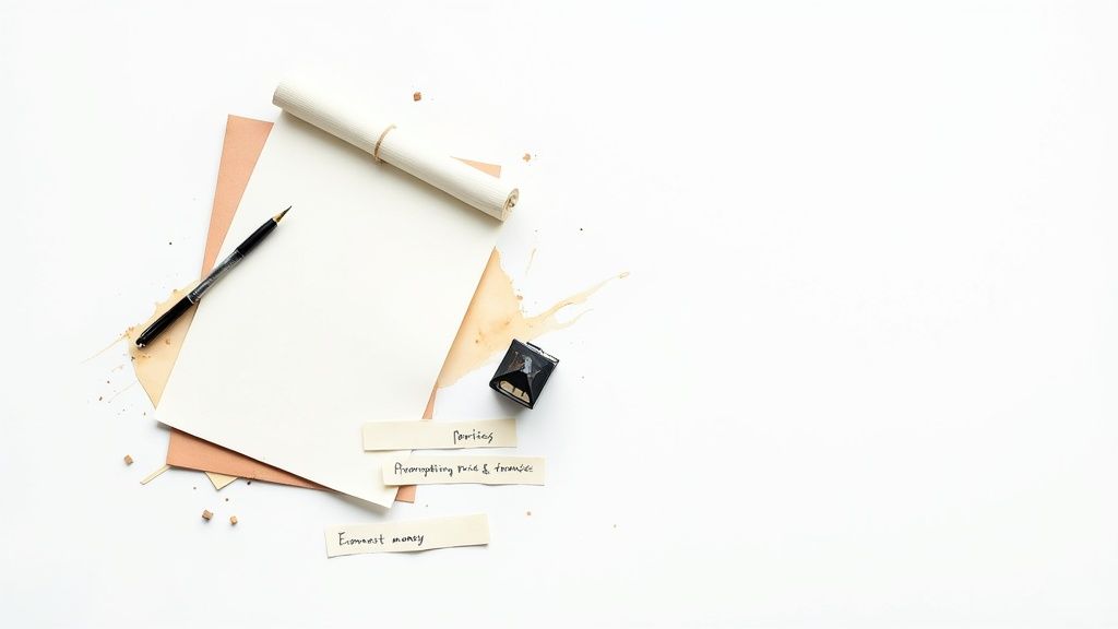 Flat lay of vintage writing supplies including pen, inkwell, scroll, and handwritten notes on white.