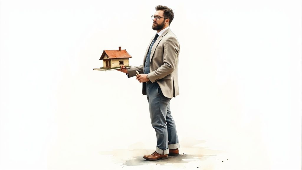 Professional real estate agent in suit holding small house model representing property investment opportunities