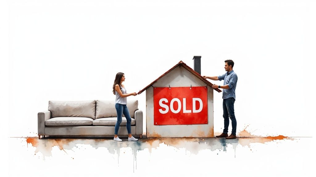 A couple builds a miniature house with a 'SOLD' sign, next to a sofa, symbolizing a new home.