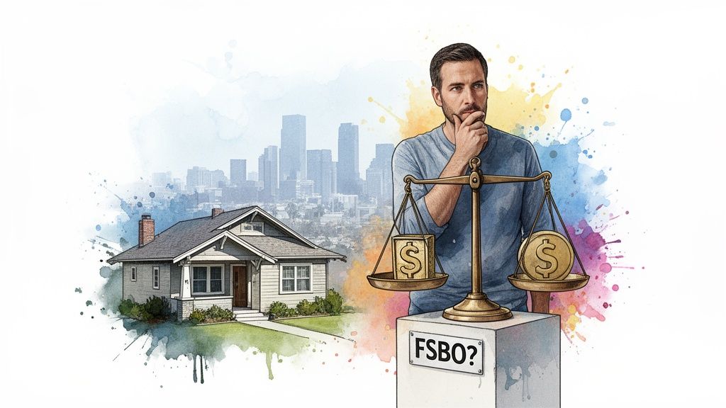 A man considers selling a house, weighing options on a scale with dollar signs, asking "FSBO?".