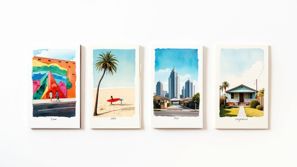 Aerial view of a diverse Los Angeles neighborhood with palm trees and a mix of architectural styles.