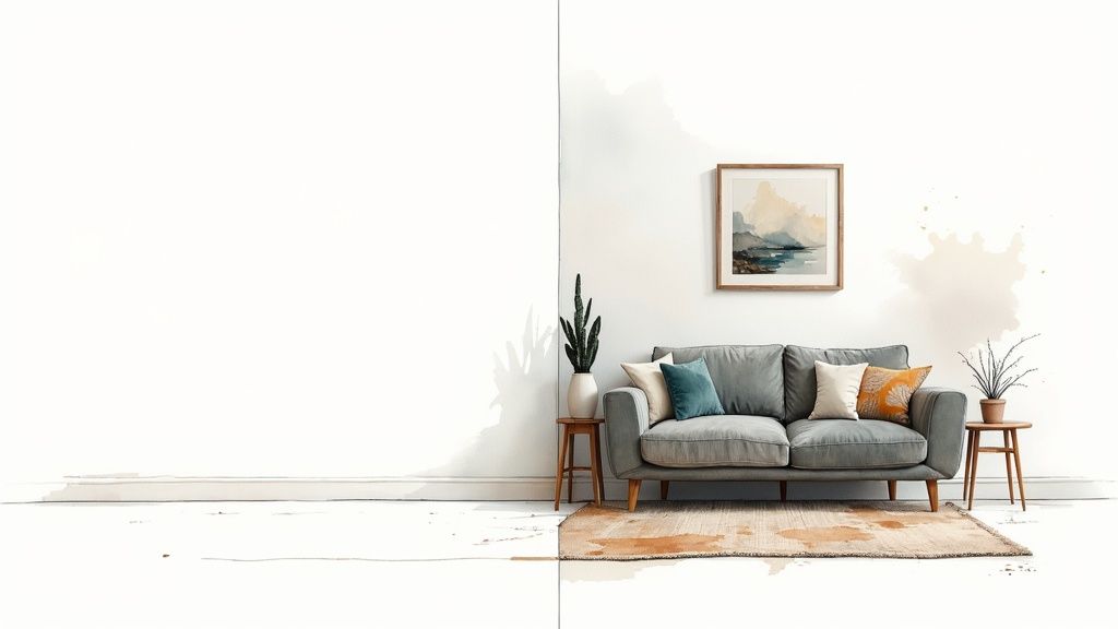 A professionally staged dining area with a modern table setting and view into a bright living room.