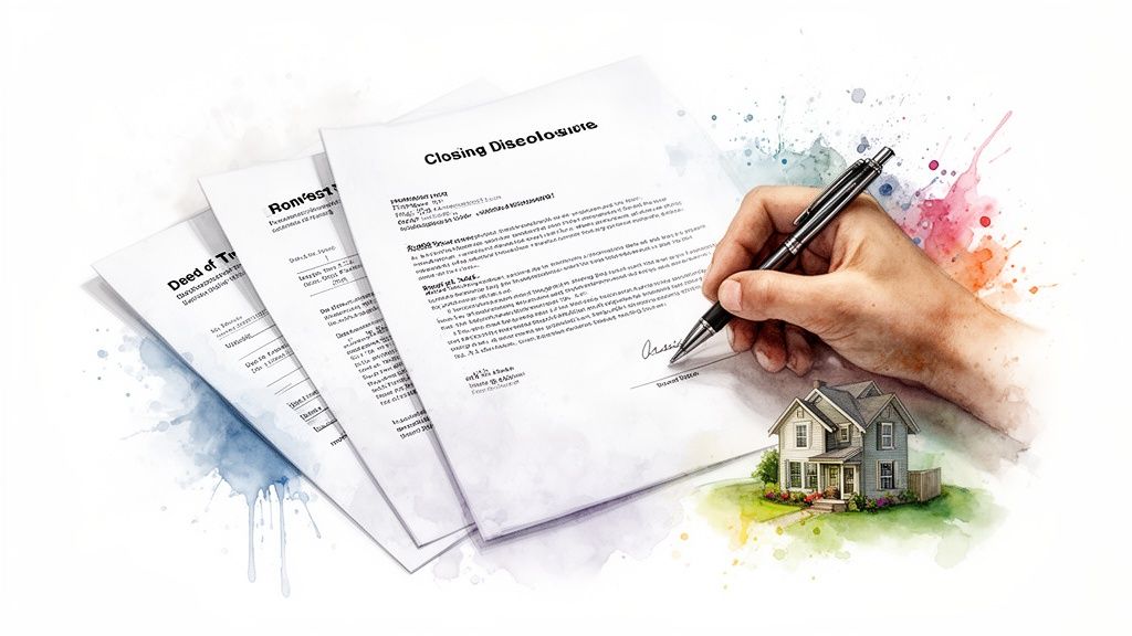 Hand signing a closing disclosure document for a house purchase, surrounded by legal papers and a small home illustration.