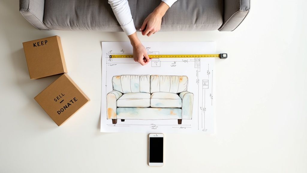 A moving truck being loaded with boxes and furniture.
