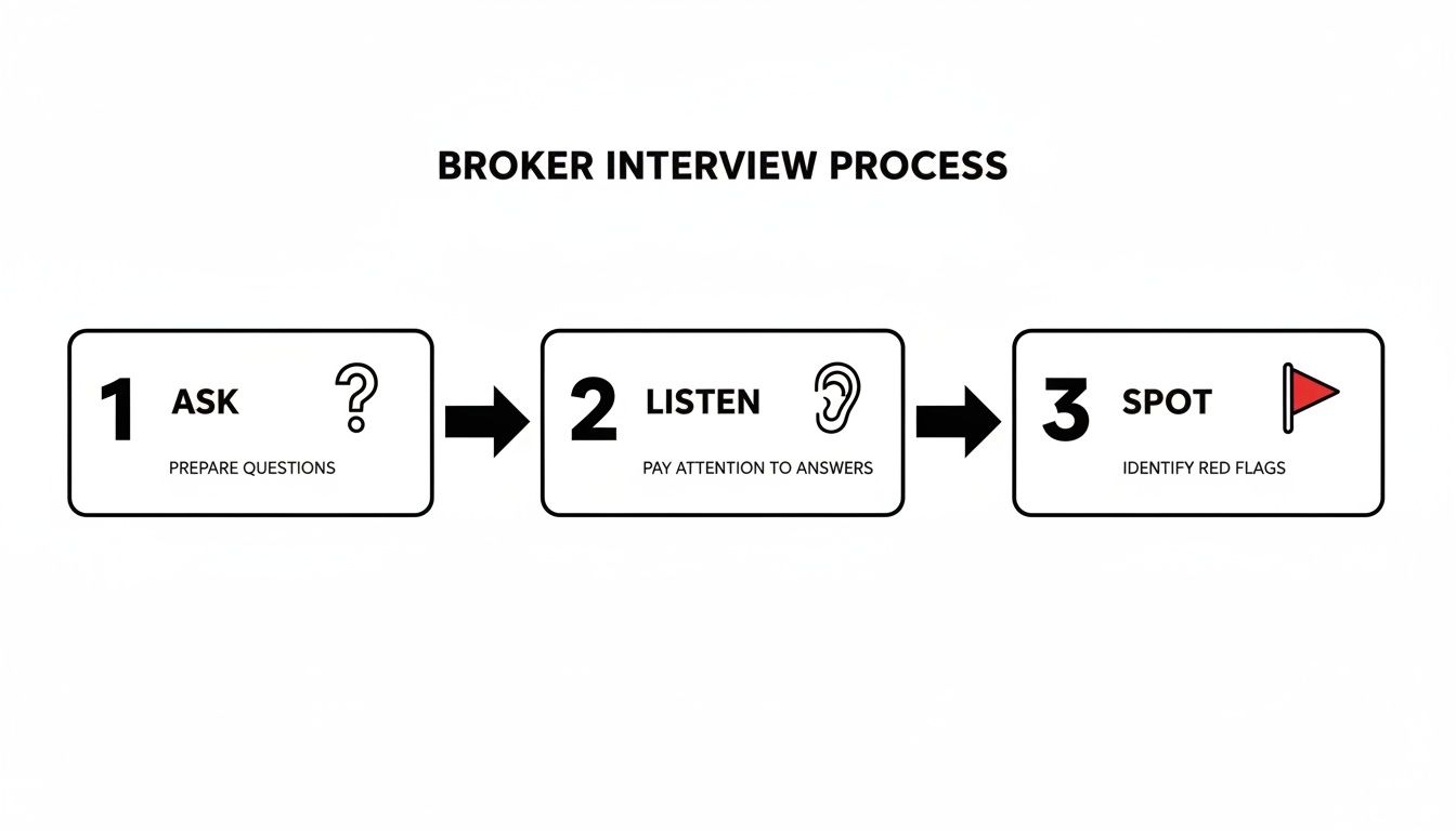 Diagram outlining a three-step broker interview process: ask, listen, and spot red flags.