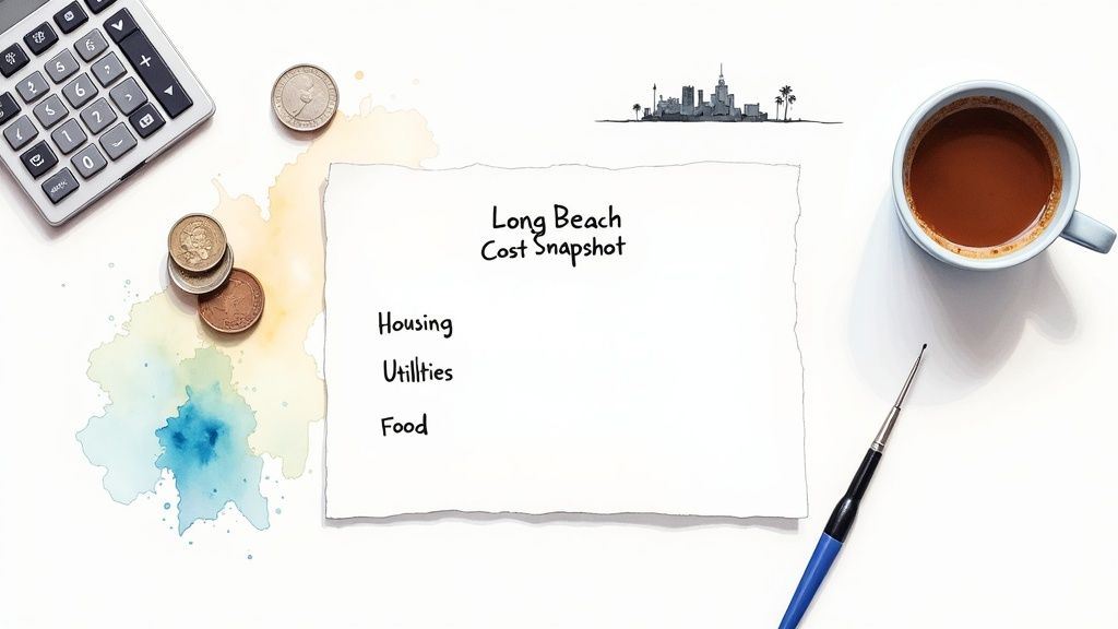 Row of colorful houses and palm trees in Long Beach CA