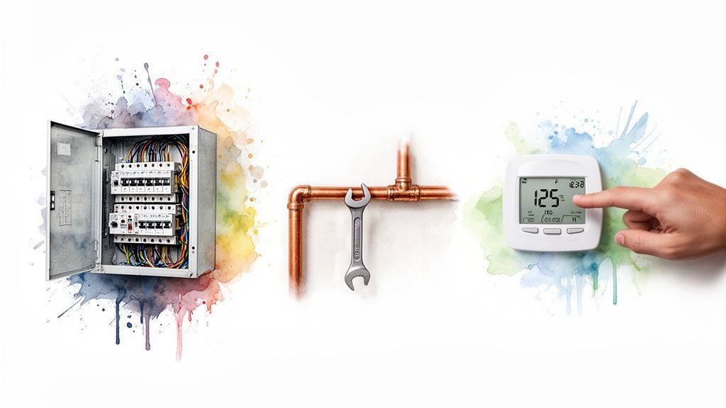 Electrical panel, copper pipes with wrench, and a hand adjusting a digital thermostat.