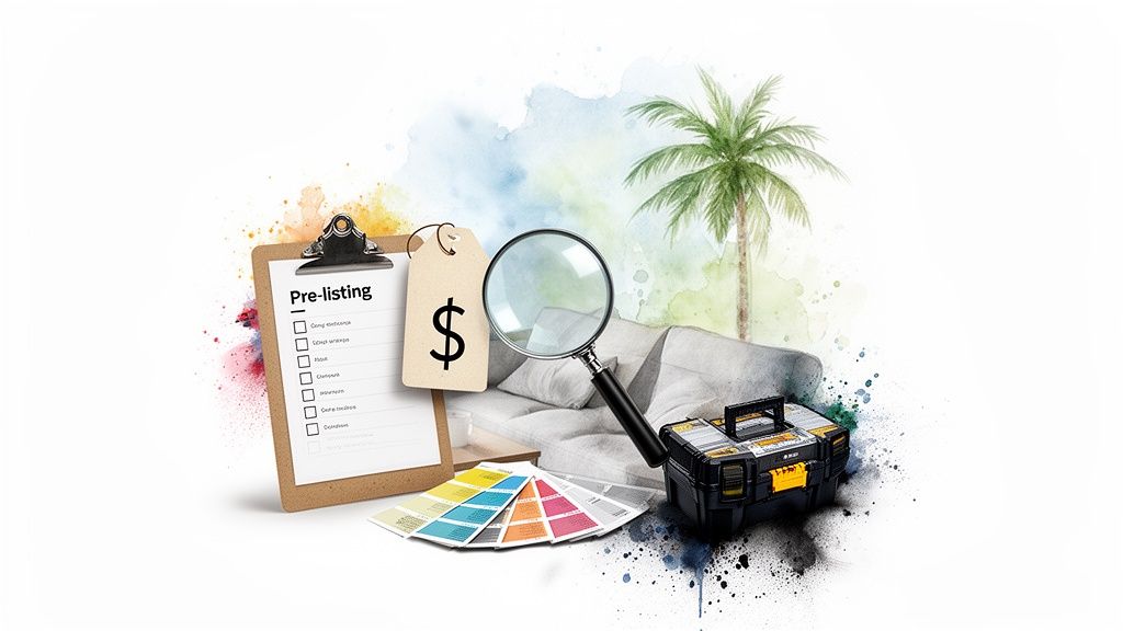 Pre-listing checklist, price tag, magnifying glass, toolbox, and color swatches for home preparation.