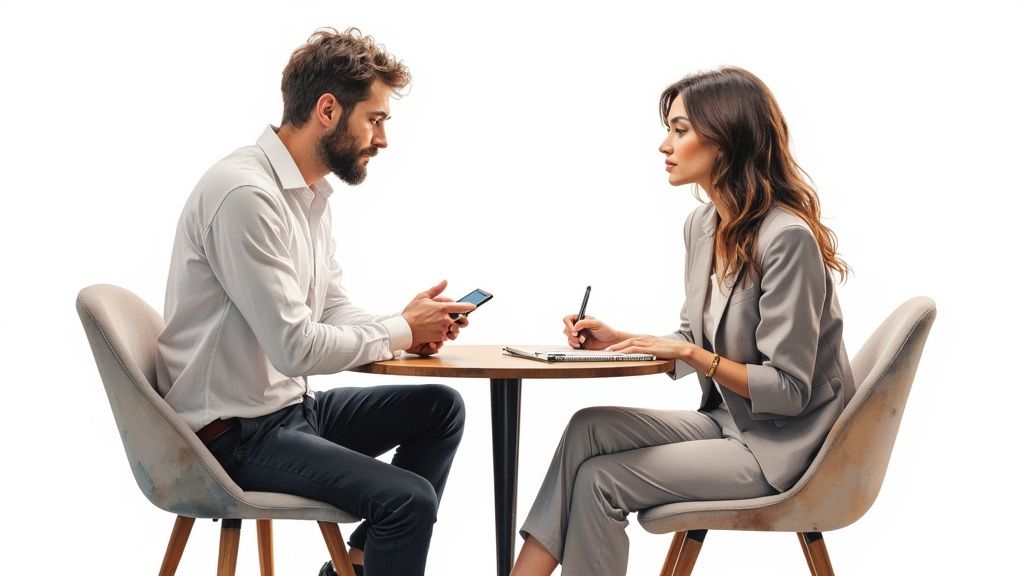 Two professionals seated at a table, man using phone, woman writing in a notebook.