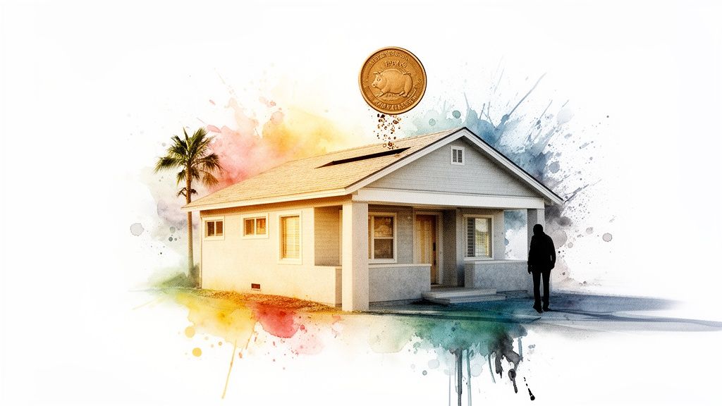 A house with a piggy bank coin going into its roof, surrounded by watercolor splashes, a palm tree, and a person.