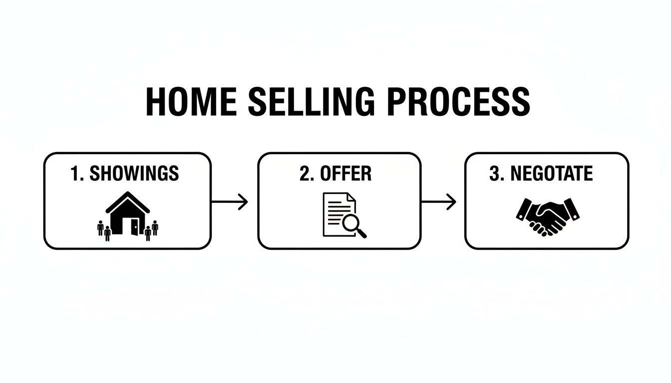 A clear flowchart illustrating the three key steps in the home selling process: showings, offer, and negotiation.