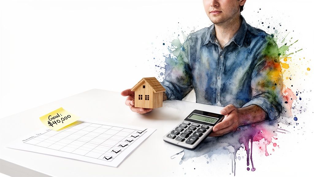 A person holds a small wooden house model and calculator, planning savings with a $40,000 goal.