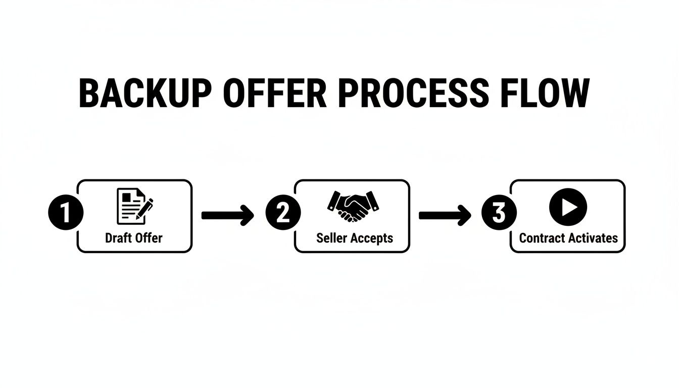 Flowchart illustrating the three-step backup offer process: Draft Offer, Seller Accepts, and Contract Activates.