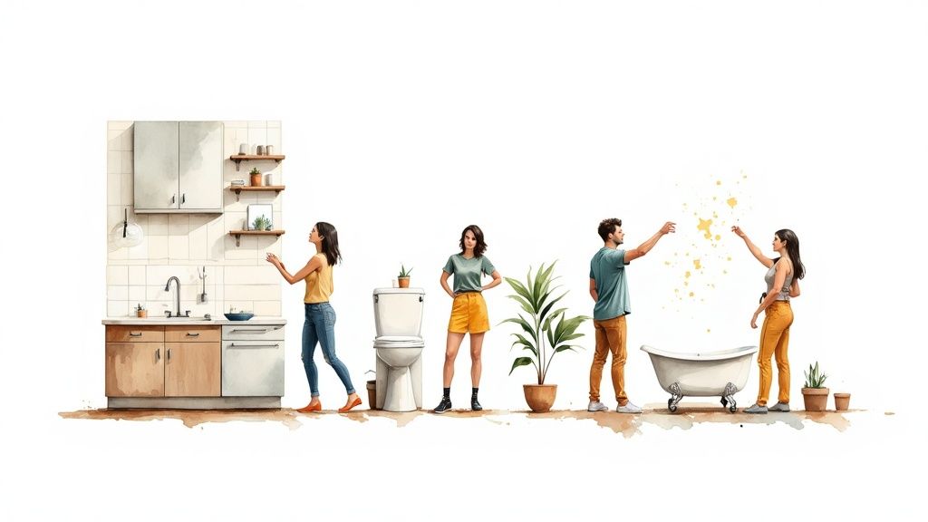 A modern, renovated kitchen with sleek cabinets and a large island.