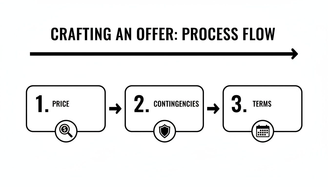 Flowchart illustrating the process of crafting an offer, detailing steps for price, contingencies, and terms.