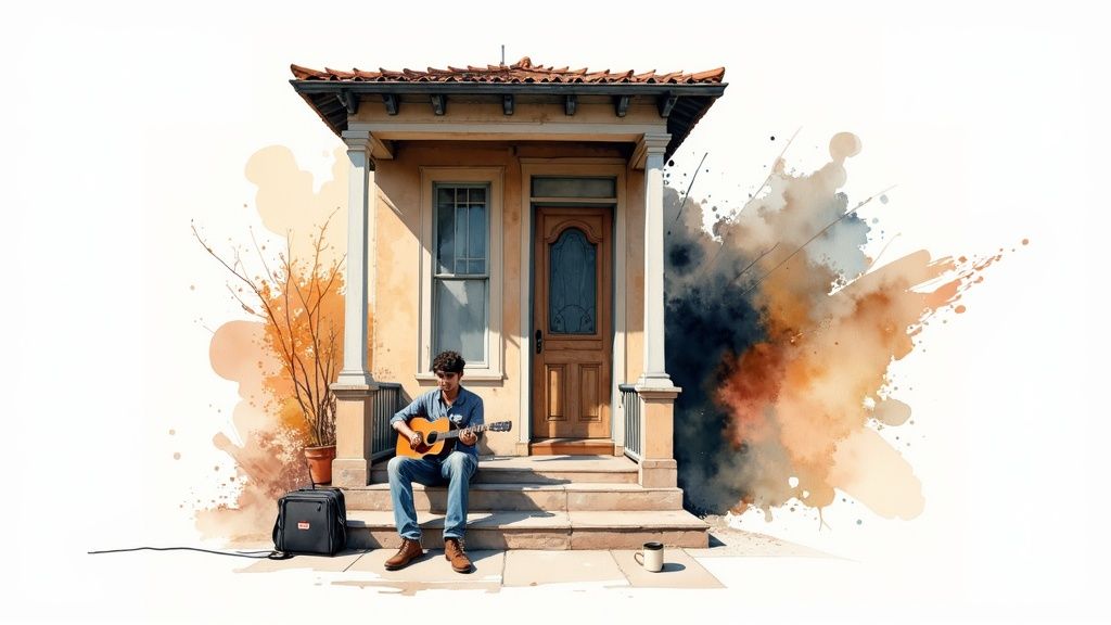 Watercolor art of a young man playing an acoustic guitar on house steps with vibrant color splashes.