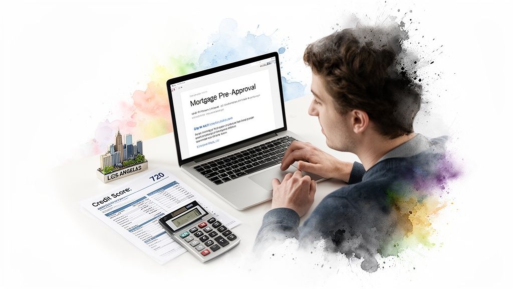 Man applying for mortgage pre-approval online, with a credit score report and calculator on the desk.